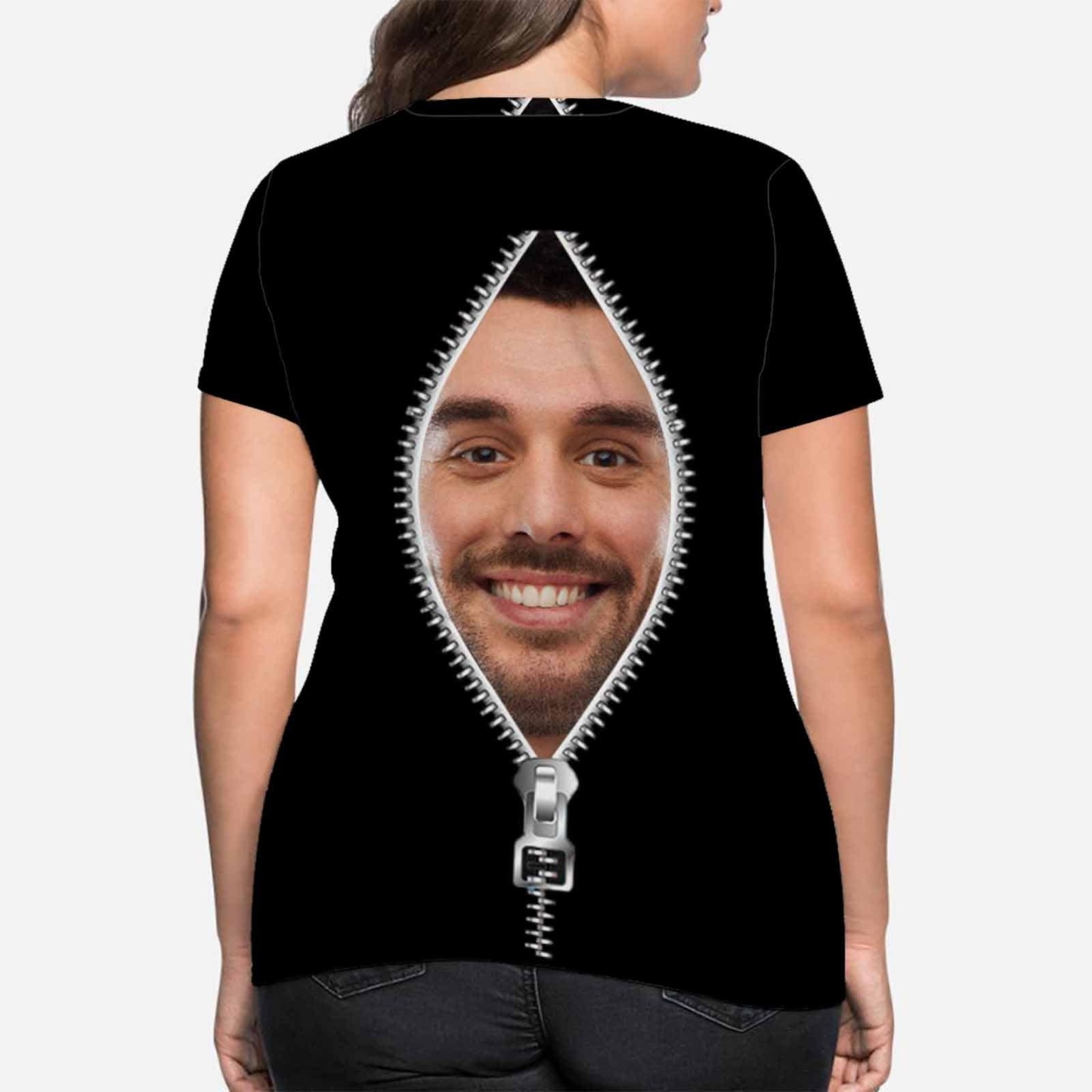 Custom Custom Boyfriend Face Tee Black Zipper Personalized Women's All Over Print T-shirt My Face on A Shirt Gift for Her - YesCustom
