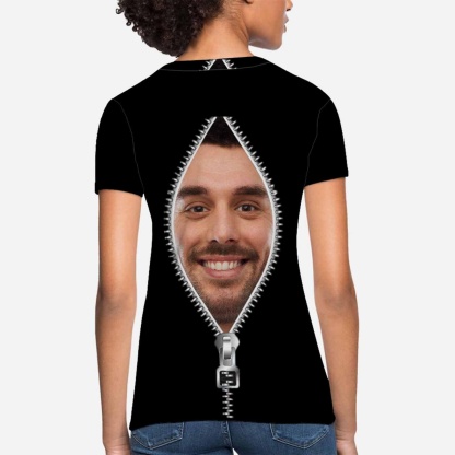 Custom Custom Boyfriend Face Tee Black Zipper Personalized Women's All Over Print T-shirt My Face on A Shirt Gift for Her - YesCustom