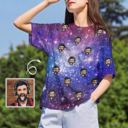 Custom Custom Boyfriend Face Tee Galaxy Starry Night Shirts Personalized Women's All Over Print T-shirt - YesCustom