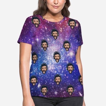 Custom Custom Boyfriend Face Tee Galaxy Starry Night Shirts Personalized Women's All Over Print T-shirt - YesCustom