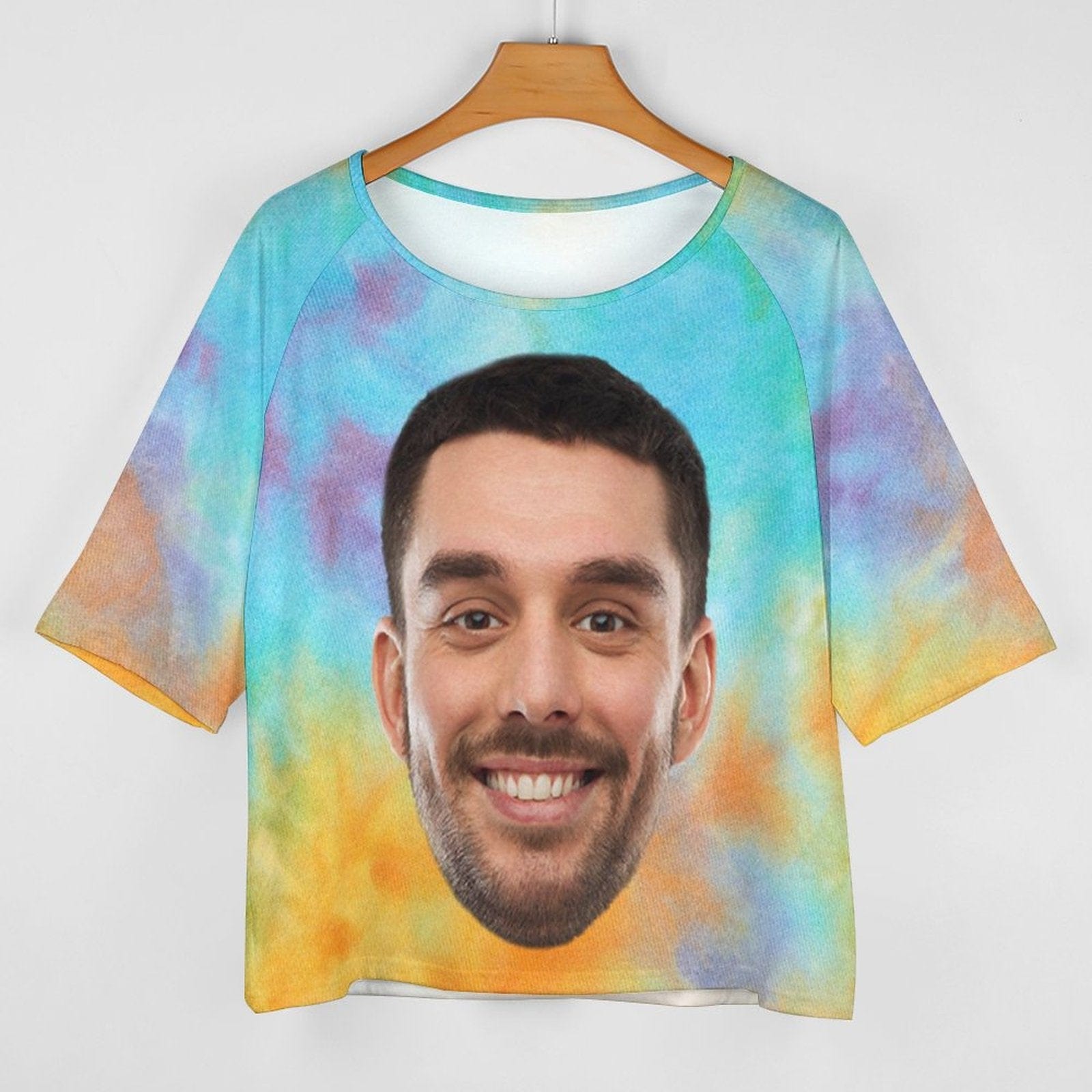 Custom Custom Boyfriend Face Tie Dye Slouchy Shirt Off Shoulder Personalized Slouchy Scoop Neck Tee Women's Mid Sleeve Straight Neck T-shirt - YesCustom
