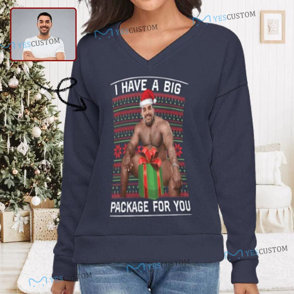 Custom Custom Boyfriend Face V-Neck Sweater for Women Ugly Christmas Sweater Long Sleeve Lightweight Sweater Tops - YesCustom
