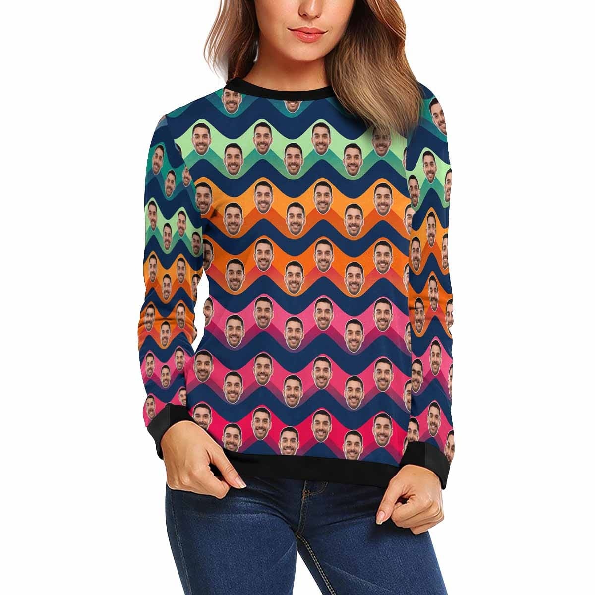 Custom Custom Boyfriend Face Wave Women's Casual Crew Neck Sweatshirt Personalized Long Sleeve Loose Sweatshirt - YesCustom