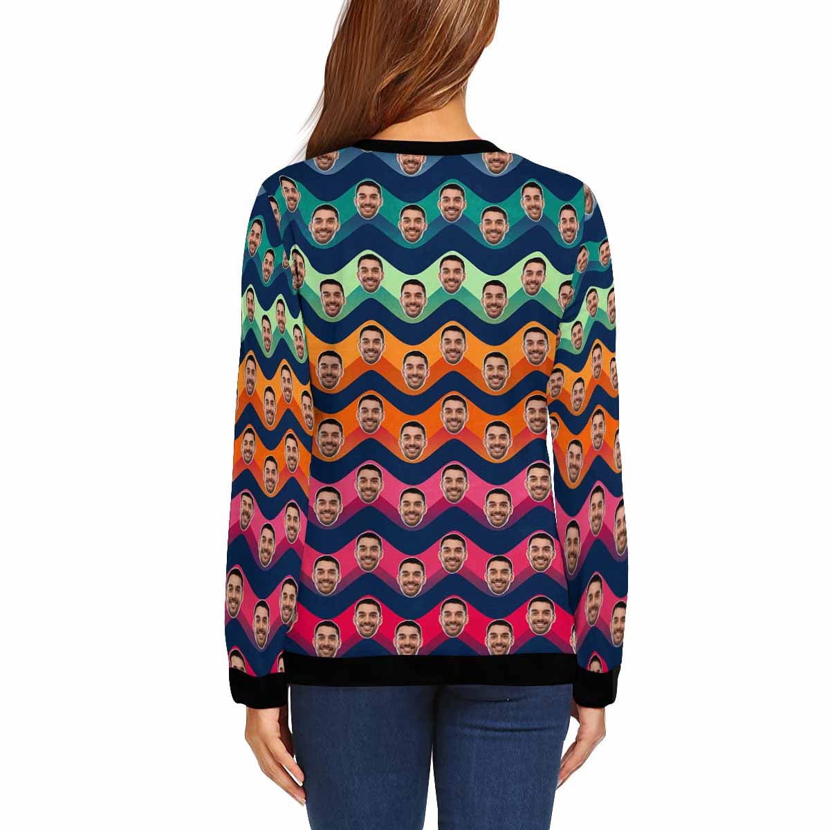 Custom Custom Boyfriend Face Wave Women's Casual Crew Neck Sweatshirt Personalized Long Sleeve Loose Sweatshirt - YesCustom
