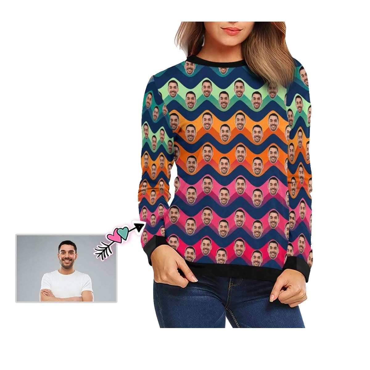 Custom Custom Boyfriend Face Wave Women's Casual Crew Neck Sweatshirt Personalized Long Sleeve Loose Sweatshirt - YesCustom