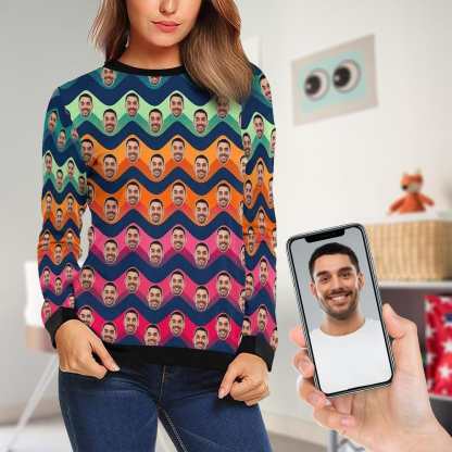 Custom Custom Boyfriend Face Wave Women's Casual Crew Neck Sweatshirt Personalized Long Sleeve Loose Sweatshirt - YesCustom