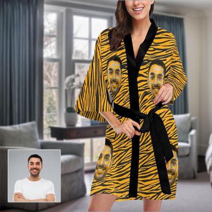 Custom Custom Boyfriend Face Yellow Stripes Women's Summer Short Pajamas Funny Personalized Photo Pajamas Kimono Robe - YesCustom