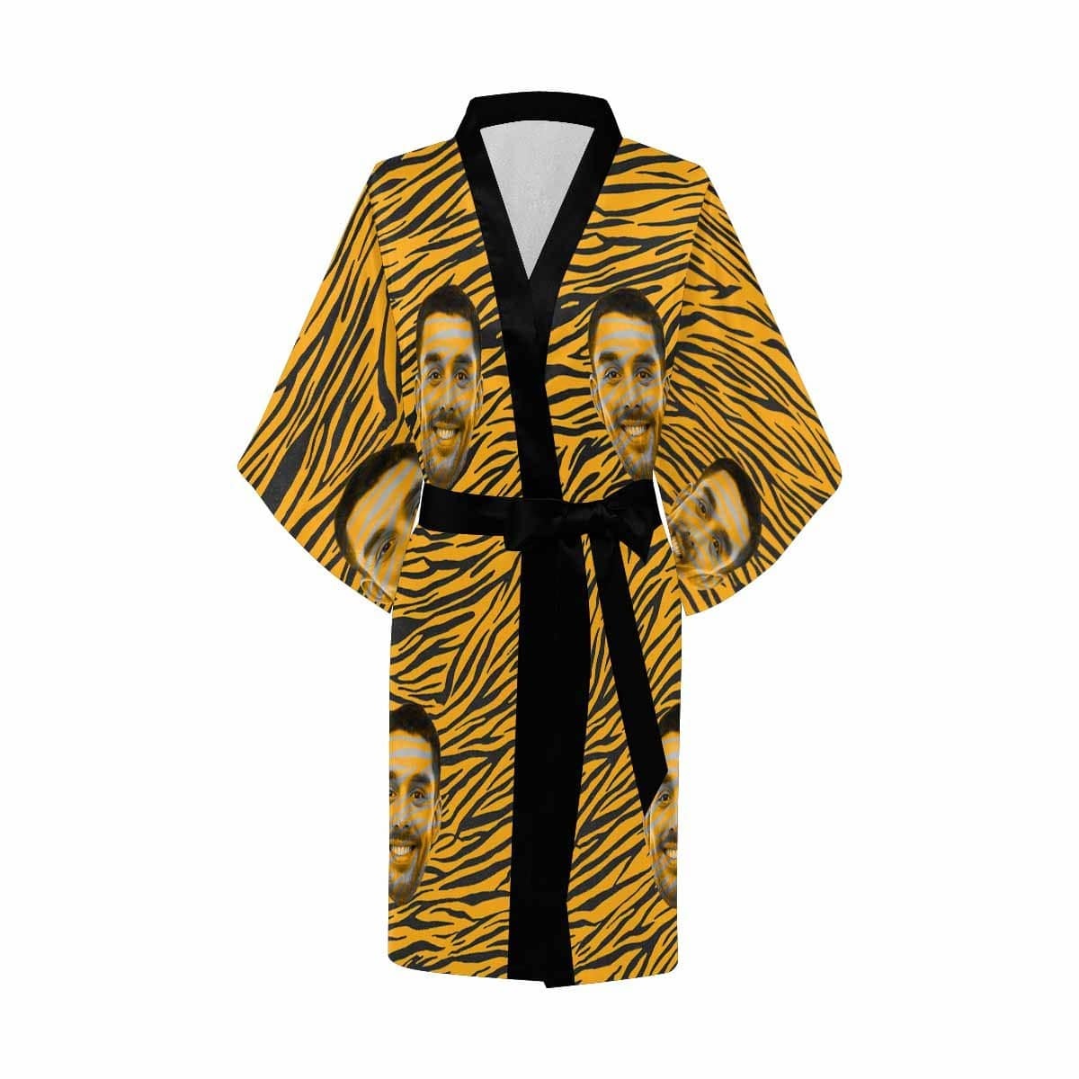 Custom Custom Boyfriend Face Yellow Stripes Women's Summer Short Pajamas Funny Personalized Photo Pajamas Kimono Robe - YesCustom