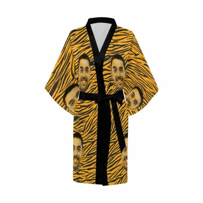 Custom Custom Boyfriend Face Yellow Stripes Women's Summer Short Pajamas Funny Personalized Photo Pajamas Kimono Robe - YesCustom