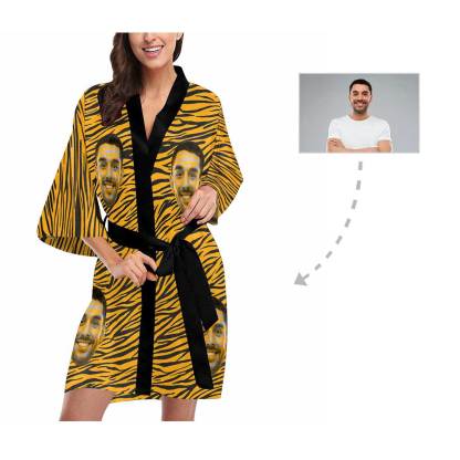 Custom Custom Boyfriend Face Yellow Stripes Women's Summer Short Pajamas Funny Personalized Photo Pajamas Kimono Robe - YesCustom