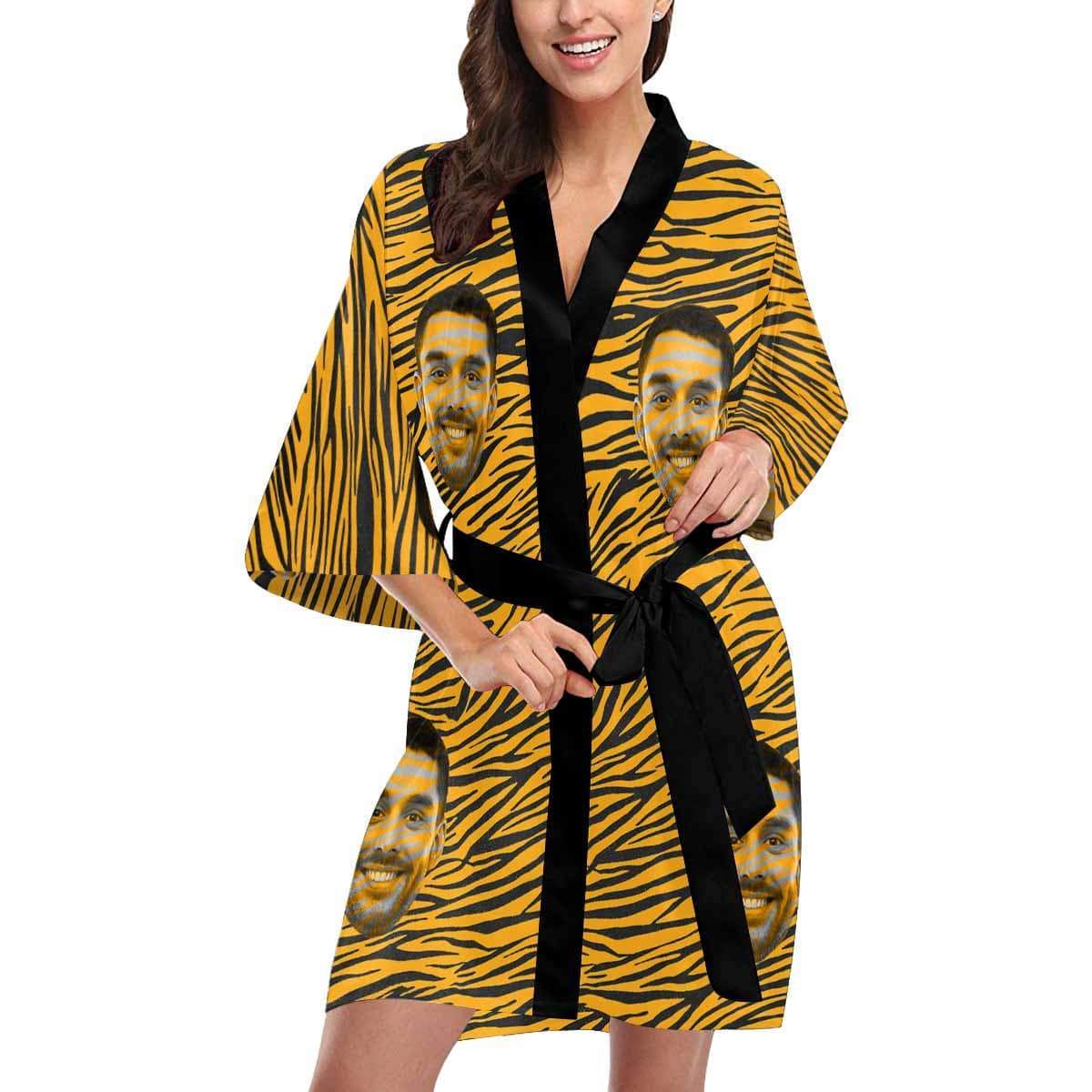 Custom Custom Boyfriend Face Yellow Stripes Women's Summer Short Pajamas Funny Personalized Photo Pajamas Kimono Robe - YesCustom