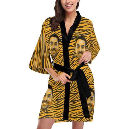 Custom Custom Boyfriend Face Yellow Stripes Women's Summer Short Pajamas Funny Personalized Photo Pajamas Kimono Robe - YesCustom