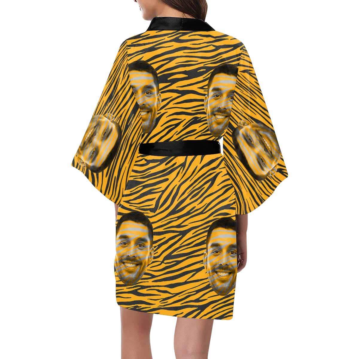 Custom Custom Boyfriend Face Yellow Stripes Women's Summer Short Pajamas Funny Personalized Photo Pajamas Kimono Robe - YesCustom