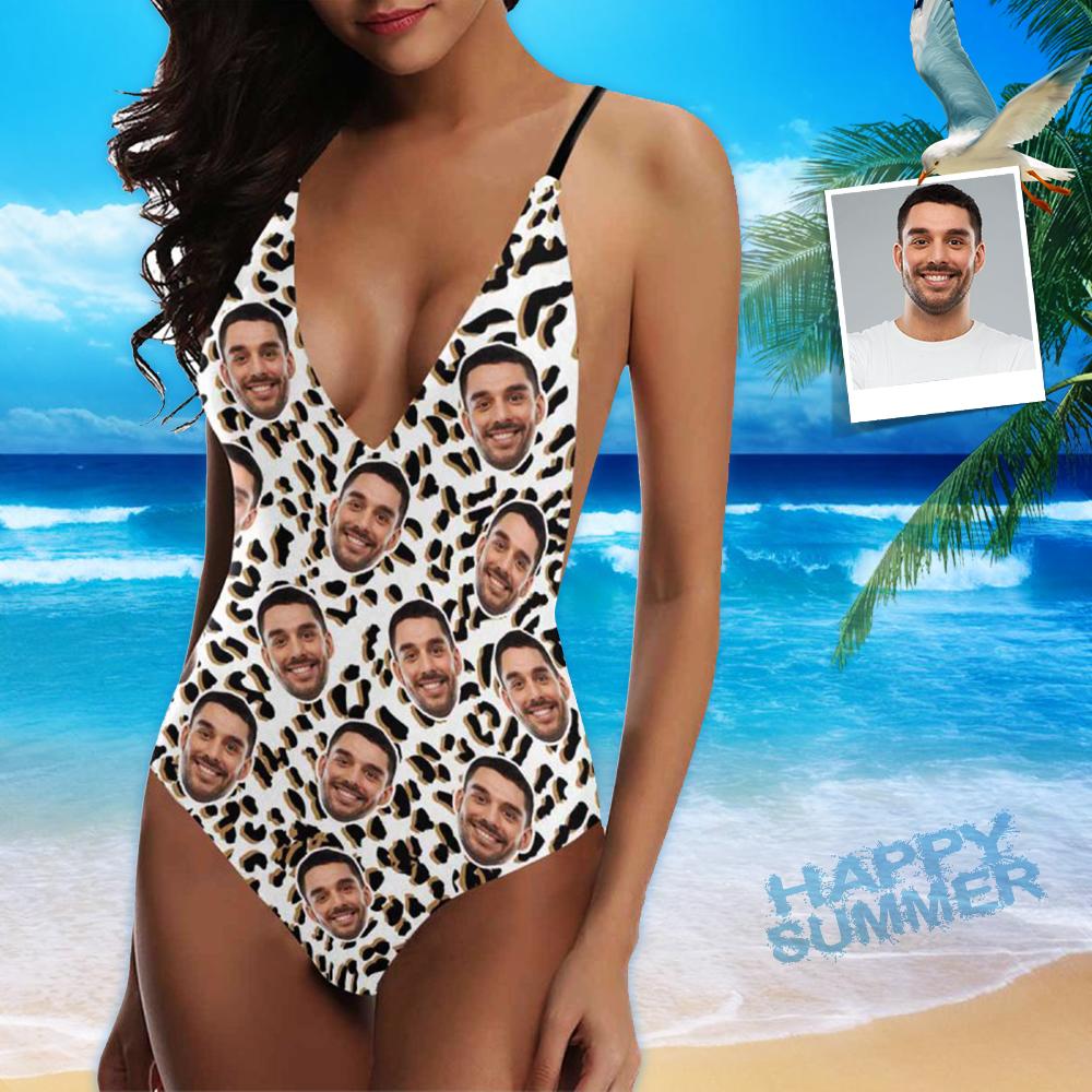 Custom Custom Boyfriend/Husband Face Swimsuit Leopard Personalized Women's One-Piece Bathing Suit Honeymoons Party - YesCustom