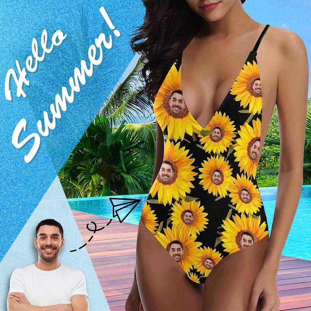Custom Custom Boyfriend/Husband Face Swimsuit Personalized Sunflower Women's One-Piece Bathing Suit Girlfriend Gift - YesCustom