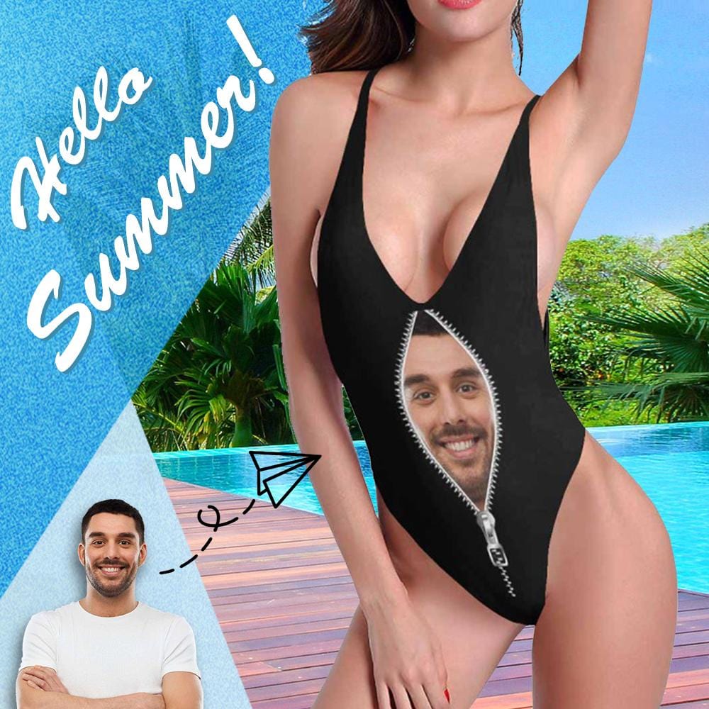 Custom Custom Boyfriend/Husband Face Swimsuit Personalized Zipper Women's Halter Straps Backless Bathing Suits Honeymoons For Her - YesCustom