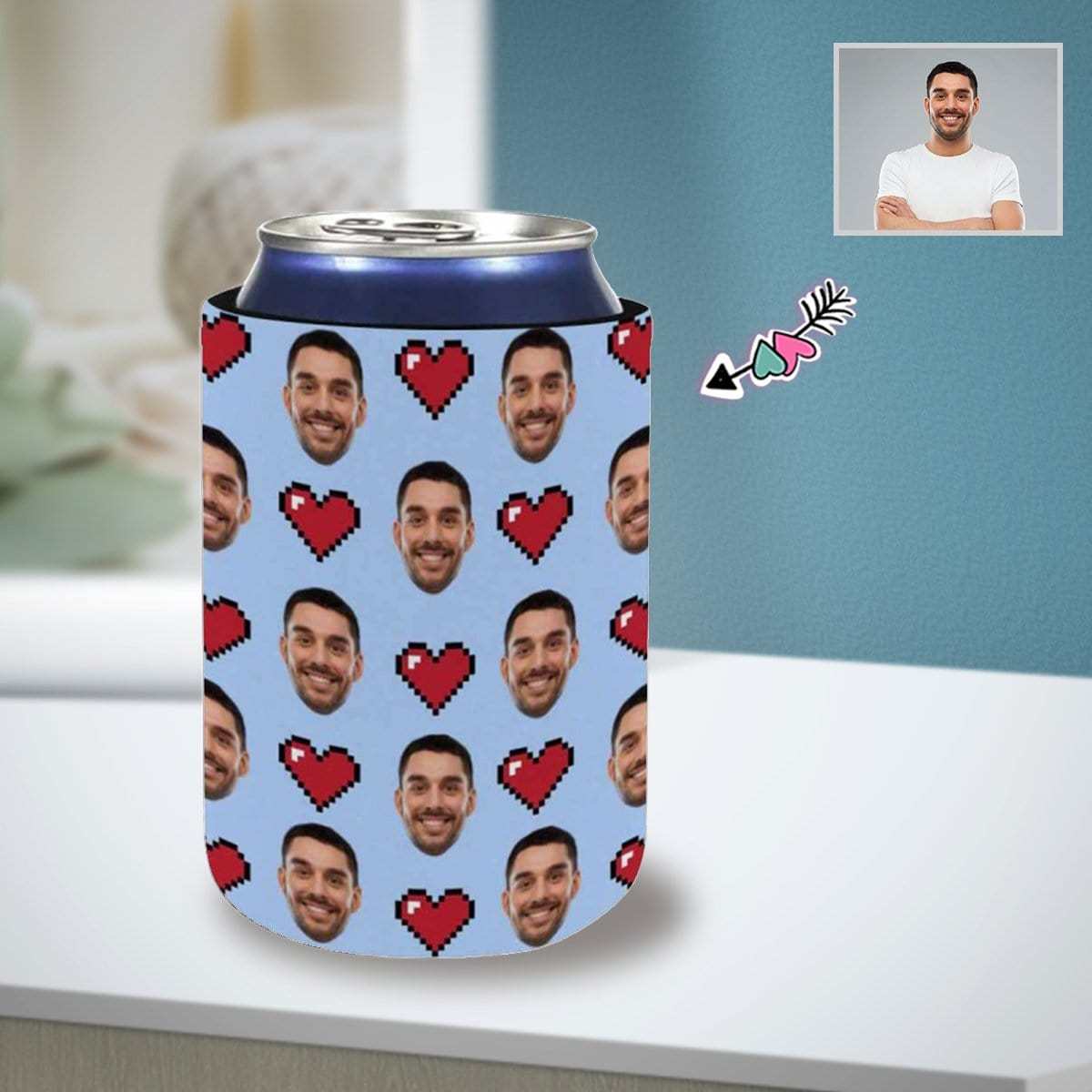 Custom Custom Can Cooler With Boyfriend face Personalized Red Heart Neoprene Koozies Non Slip for Beer Cans and Bottles - YesCustom