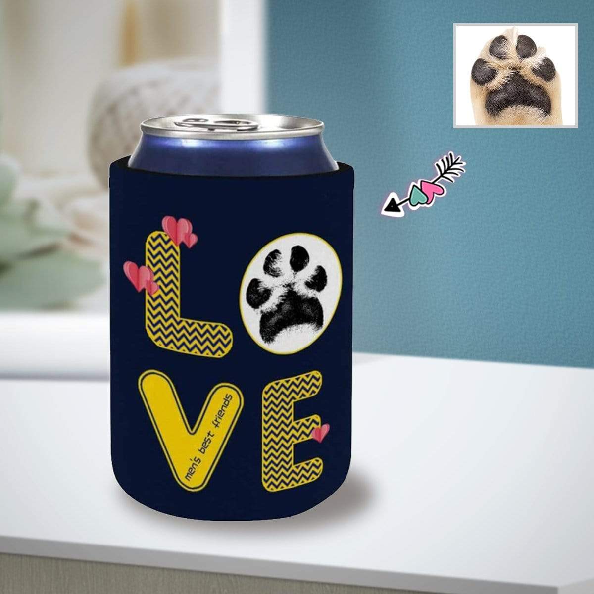 Custom Custom Can Cooler With Paw Love Personalized Photo Neoprene Koozies Non Slip for Beer Cans and Bottles - YesCustom