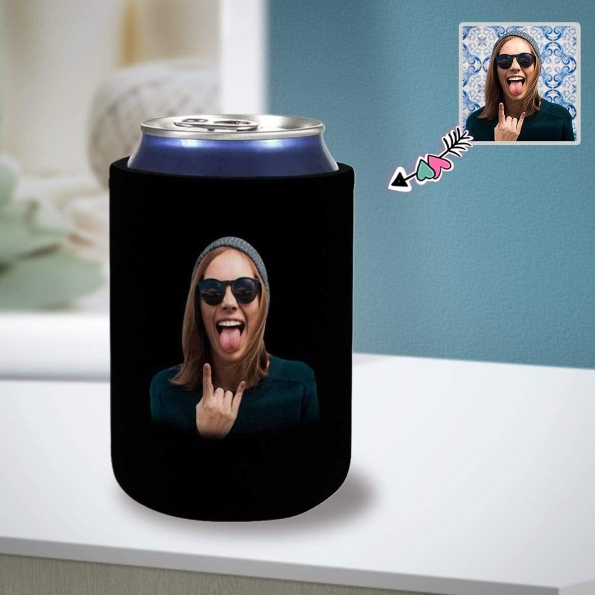 Custom Custom Can Cooler With Photo Personalized Black Background Neoprene Koozies Non Slip for Beer Cans and Bottles - YesCustom