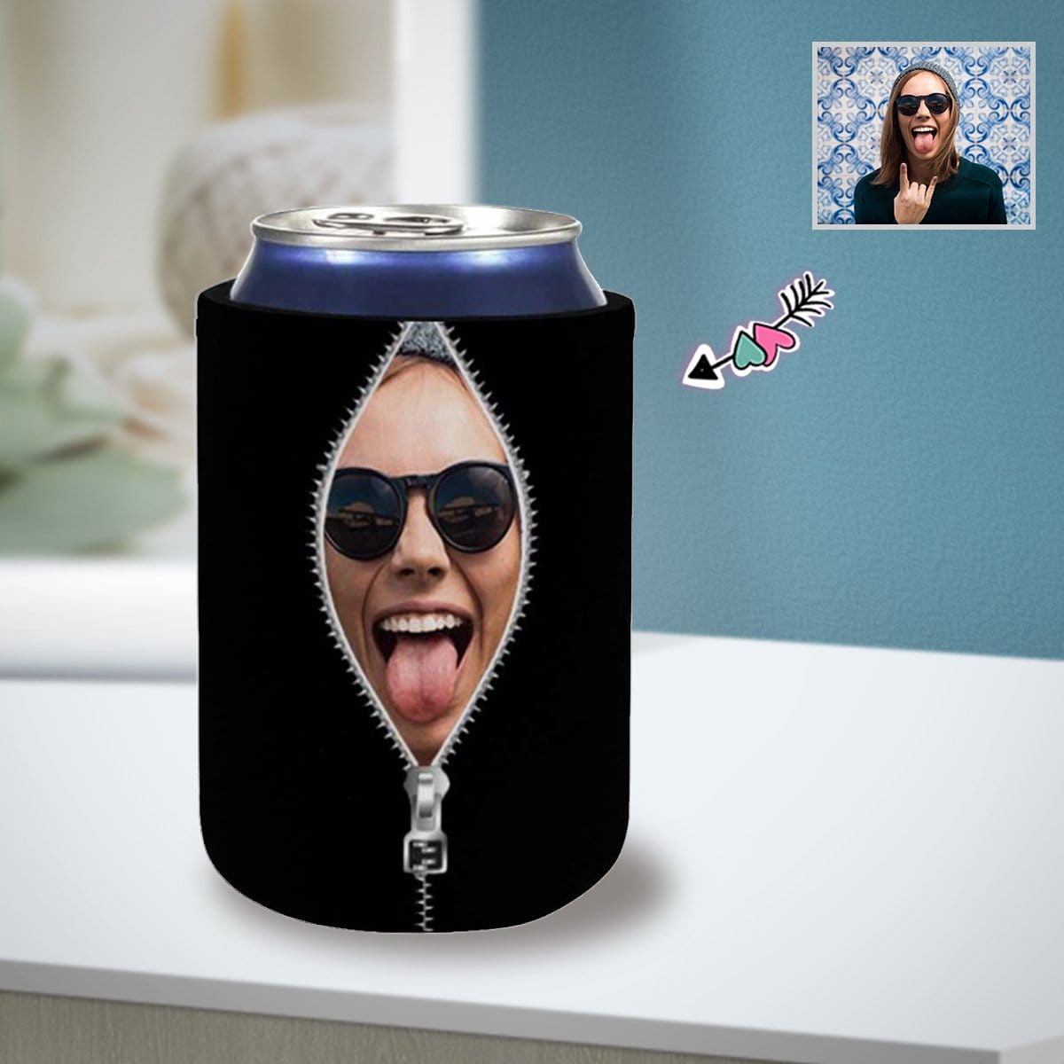 Custom Custom Can Cooler With Photo Personalized Zipper Black Neoprene Koozies Non Slip for Beer Cans and Bottles - YesCustom