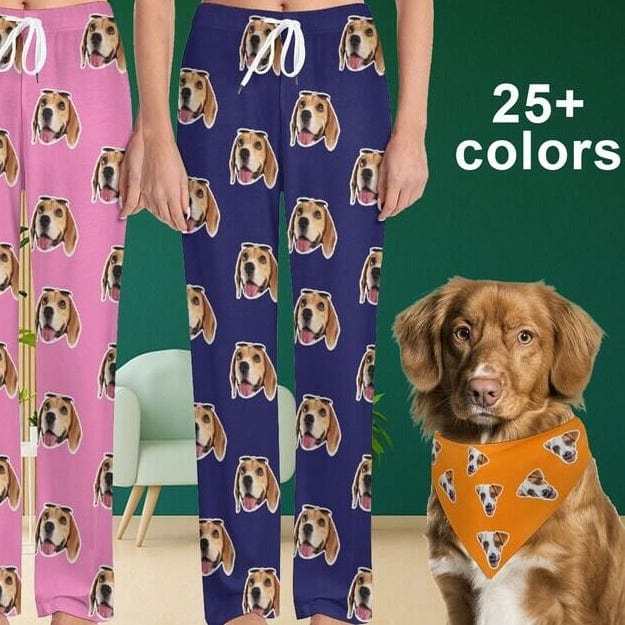 Custom Custom Cat Dog Face Solid Color Pajama Pants and Pet Dog Bandana - YesCustom