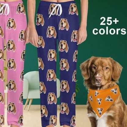 Custom Custom Cat Dog Face Solid Color Pajama Pants and Pet Dog Bandana - YesCustom