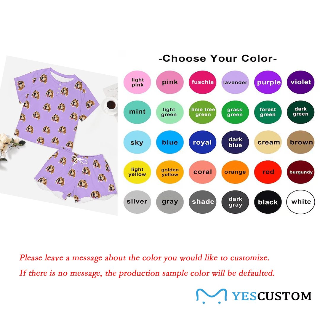 Custom Custom Cat Dog Face Solid Color Pajama Set Women's Short Sleeve Loungewear Athletic Tracksuits and Pet Dog Bandana - YesCustom