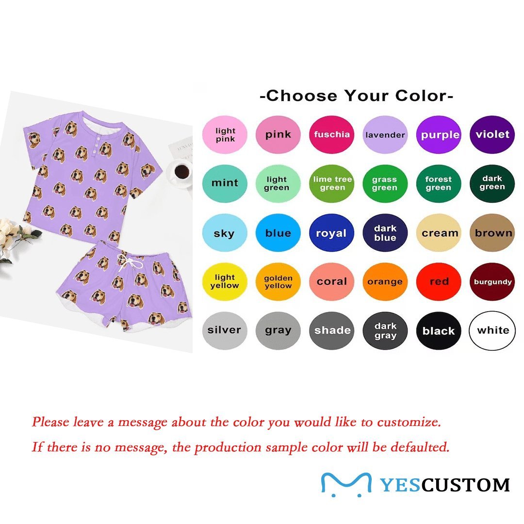 Custom Custom Cat Dog Face Solid Color Pajama Set Women's Short Sleeve Loungewear Athletic Tracksuits and Pet Dog Bandana - YesCustom