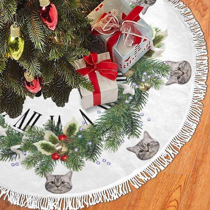 Custom Custom Cat Face Garland Clock Christmas Tree Skirt With Tassel - YesCustom