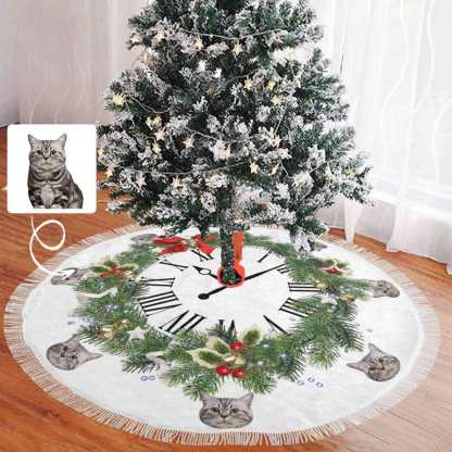 Custom Custom Cat Face Garland Clock Christmas Tree Skirt With Tassel - YesCustom