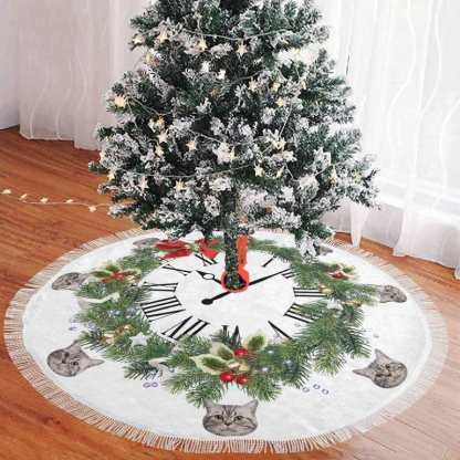 Custom Custom Cat Face Garland Clock Christmas Tree Skirt With Tassel - YesCustom