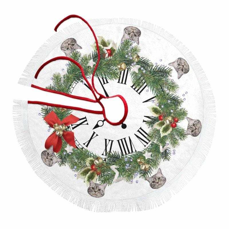 Custom Custom Cat Face Garland Clock Christmas Tree Skirt With Tassel - YesCustom
