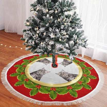 Custom Custom Cat Face Green Leaves Christmas Tree Skirt With Tassel - YesCustom