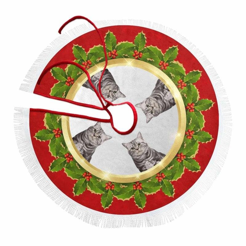 Custom Custom Cat Face Green Leaves Christmas Tree Skirt With Tassel - YesCustom