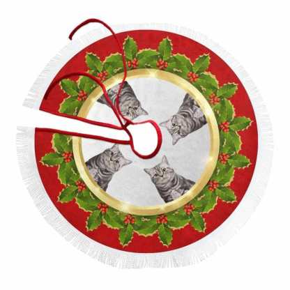 Custom Custom Cat Face Green Leaves Christmas Tree Skirt With Tassel - YesCustom