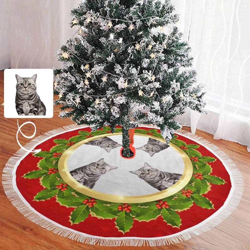 Custom Custom Cat Face Green Leaves Christmas Tree Skirt With Tassel - YesCustom