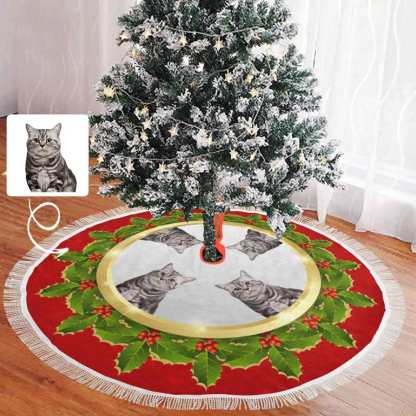 Custom Custom Cat Face Green Leaves Christmas Tree Skirt With Tassel - YesCustom