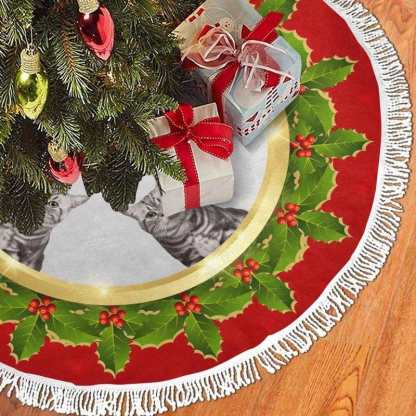 Custom Custom Cat Face Green Leaves Christmas Tree Skirt With Tassel - YesCustom