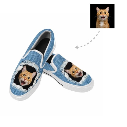 Custom Custom Cat Face Jean Slip-on Canvas Shoes - YesCustom