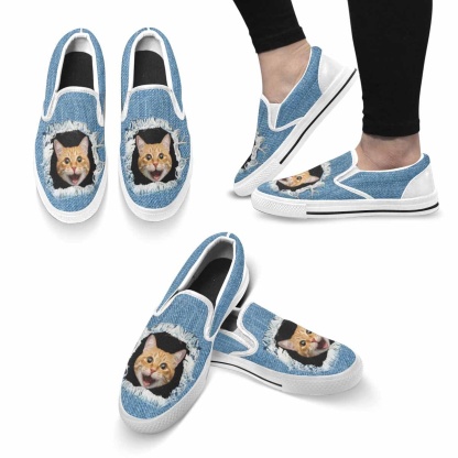 Custom Custom Cat Face Jean Slip-on Canvas Shoes - YesCustom