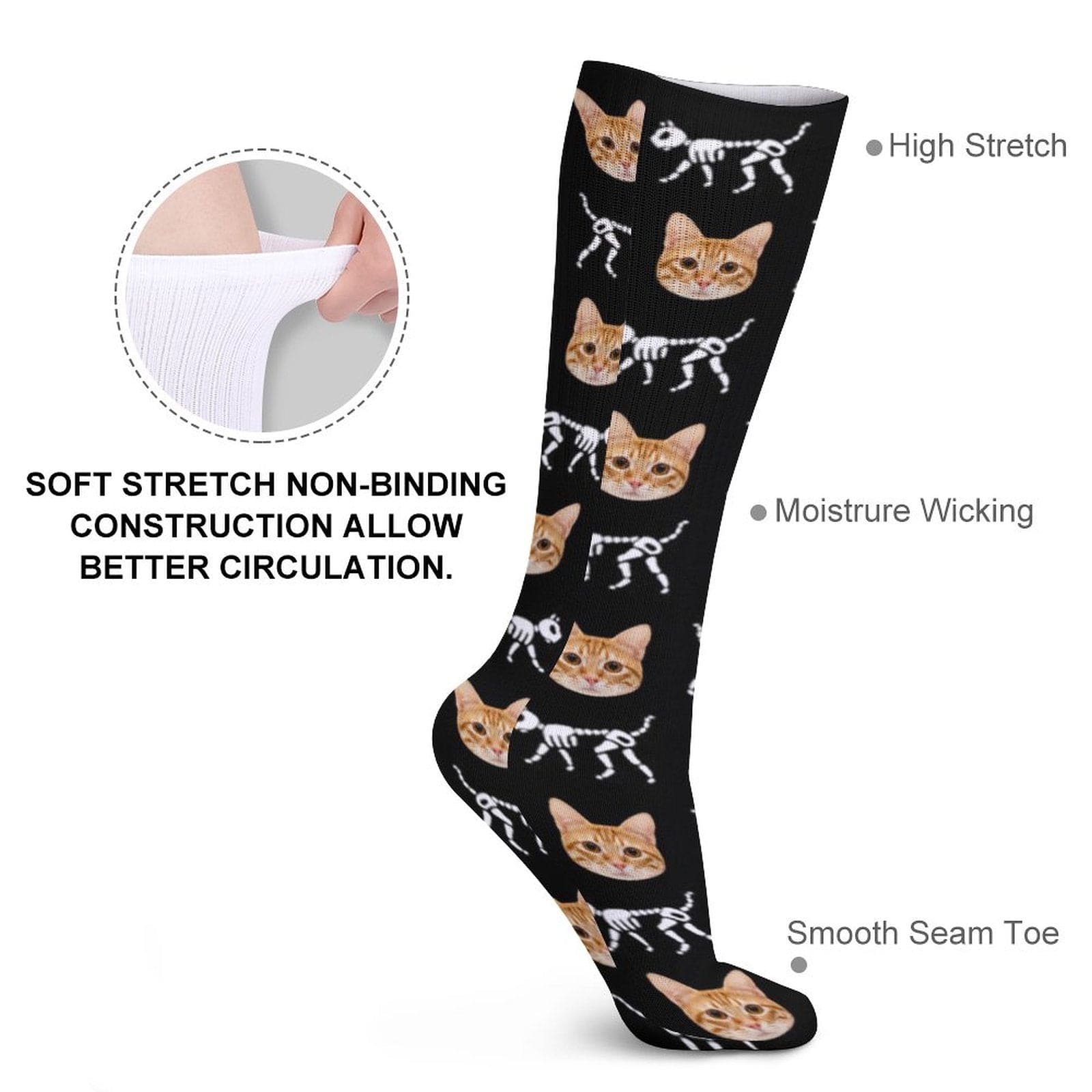 Custom Custom Cat Face Sublimated Crew Socks Skeleton Socks Personalized Funny Photo Socks Gift for Halloween - YesCustom