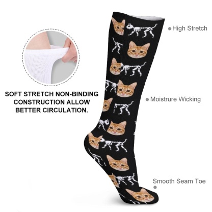 Custom Custom Cat Face Sublimated Crew Socks Skeleton Socks Personalized Funny Photo Socks Gift for Halloween - YesCustom