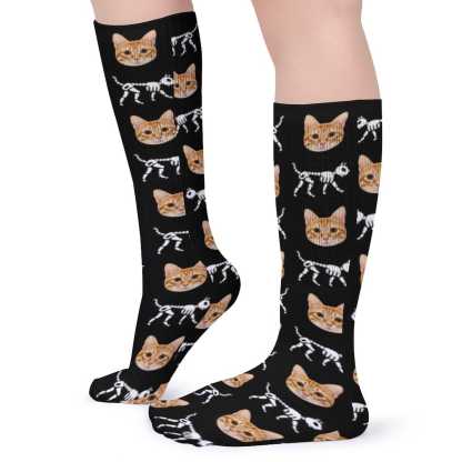 Custom Custom Cat Face Sublimated Crew Socks Skeleton Socks Personalized Funny Photo Socks Gift for Halloween - YesCustom
