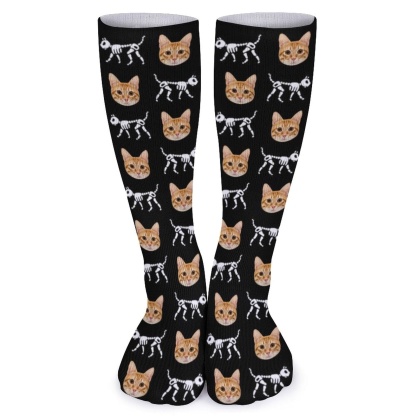 Custom Custom Cat Face Sublimated Crew Socks Skeleton Socks Personalized Funny Photo Socks Gift for Halloween - YesCustom