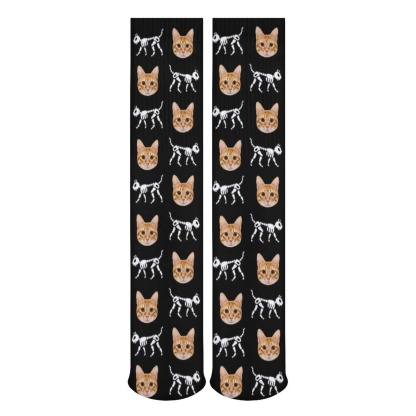 Custom Custom Cat Face Sublimated Crew Socks Skeleton Socks Personalized Funny Photo Socks Gift for Halloween - YesCustom