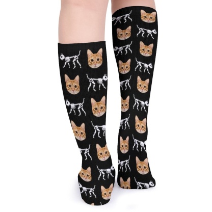 Custom Custom Cat Face Sublimated Crew Socks Skeleton Socks Personalized Funny Photo Socks Gift for Halloween - YesCustom