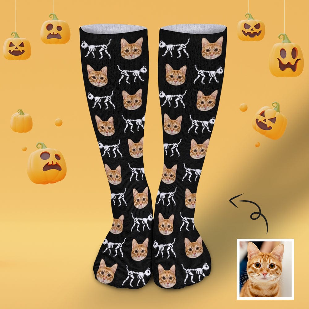 Custom Custom Cat Face Sublimated Crew Socks Skeleton Socks Personalized Funny Photo Socks Gift for Halloween - YesCustom