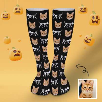 Custom Custom Cat Face Sublimated Crew Socks Skeleton Socks Personalized Funny Photo Socks Gift for Halloween - YesCustom