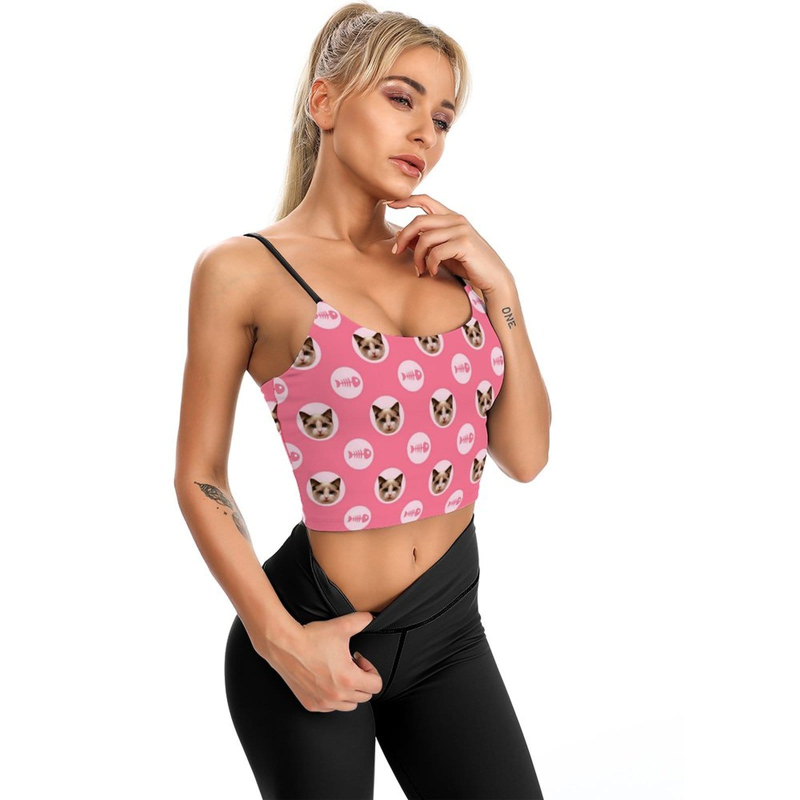 Custom Custom Cat Face Tops Personalized Fish Bone Women's Crop Camisole Top (With Chest Pad) - YesCustom