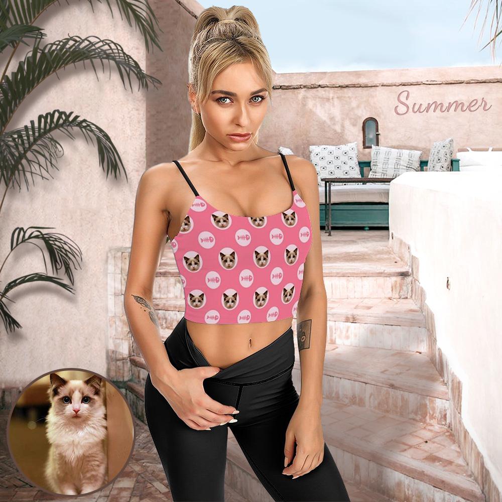 Custom Custom Cat Face Tops Personalized Fish Bone Women's Crop Camisole Top (With Chest Pad) - YesCustom